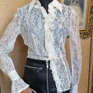 Vintage Sans Souci White Sheer Lace Blouse Sz L /G Classics BOHO Long sleeve